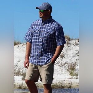 MOJO Sportswear Company Coastal Plaid Shirt Short Sleeve Mens M Nautical Navy